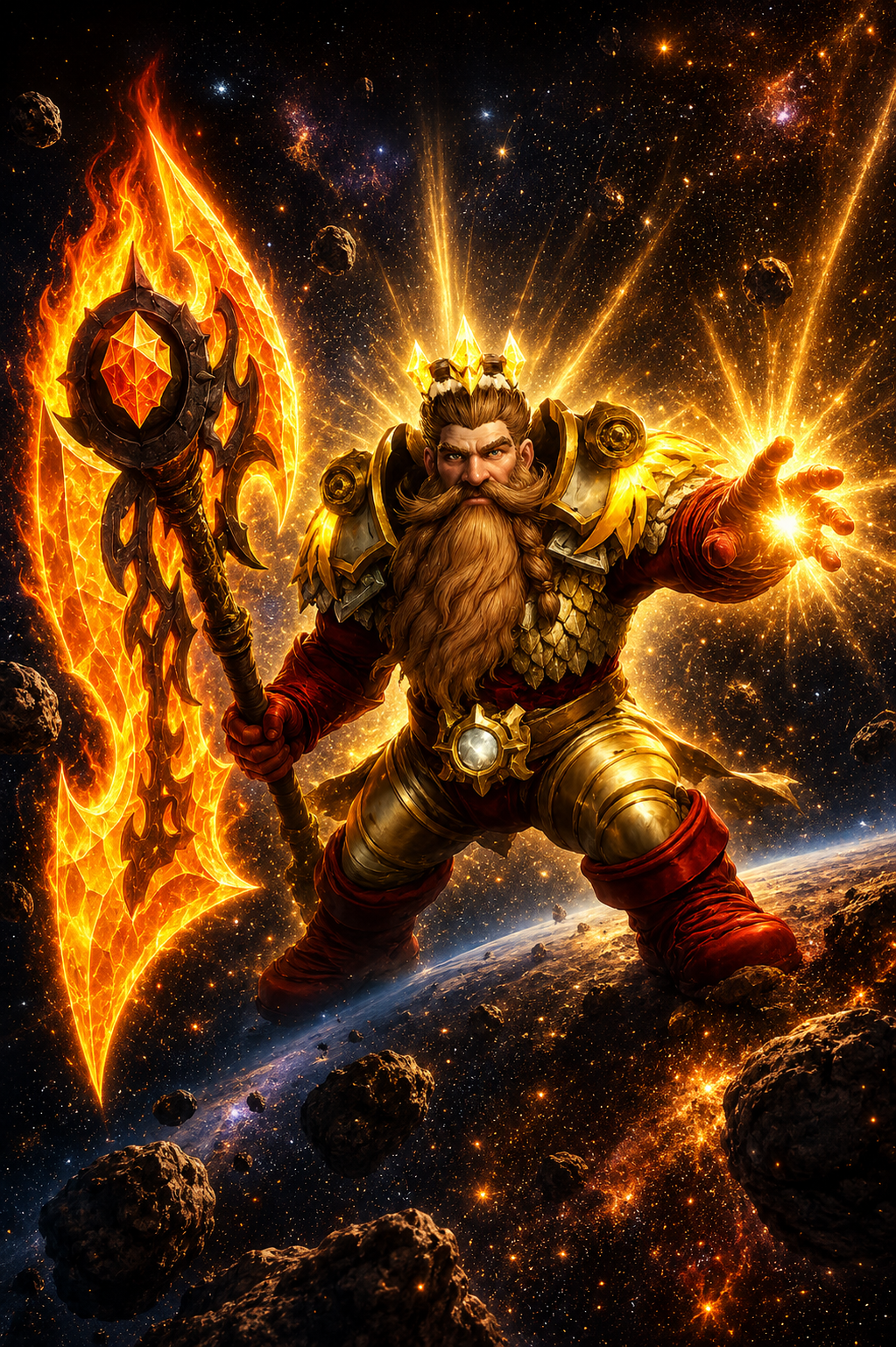 Swiftlight holding a flaming golden weapon in space